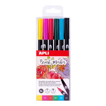 APLI štětcové fixy BRUSH DUO - sada, 6 ks, mix barev