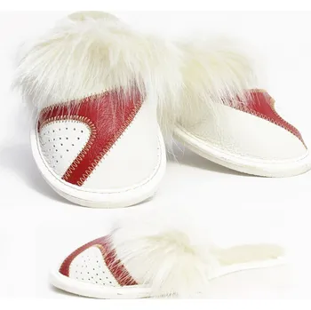 Dámské pantofle Dámské kožené papuče model 19 bílá s červenou, VELIKOST 36
