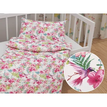 Povlečení Dětské bavlněné povlečení do postýlky Sandra SA-493 Kolibříci s růžovými květy na bílém Do postýlky 100x135 a 40x60 cm