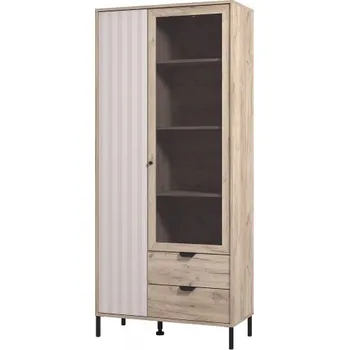 Obývací stěna Vysoká vitrína bez osvětlení Xaden - dub šedý/béžová