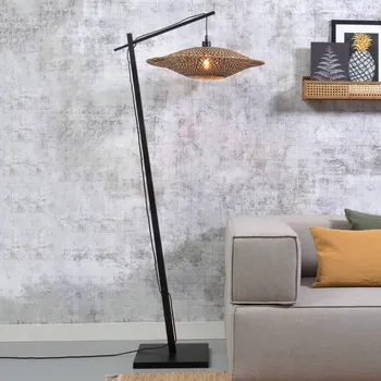 Lampička GOOD & MOJO Bali stojací lampa černá Ø60cm - stínidlo - Ø 60 cm, výška 15 cm; délka kabelu 190 cm; noha - délka 36 cm, šířka 36 cm, výška 3 cm přírodní, černá 1 x 60 W - Doprava zdarma