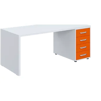 Psací stůl QPL 8 - 18Z4 stůl pracovní, dřevěná podnož, 4-zásuvkový pravý, deska 36 mm, široký 1800 mm, bílá/pomeranč