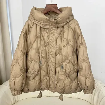 Dámská parka Prošívaná péřovka dámská bunda s kapucí Barva: Khaki, Velikost: L