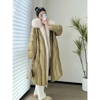 Dámská parka Dlouhá bunda 90 husí peří + pravá liščí kožešina Barva: Zelená, Velikost: M