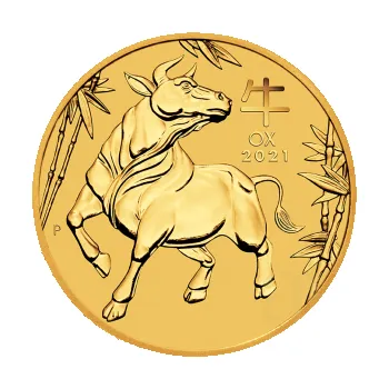 1/10 uncí zlatá mince Austrálie Lunar III vůl 2021