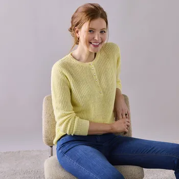 Dámský svetr Pulovr s tuniským výstřihem, hladký pletený vzor žlutá 38/40