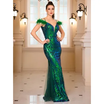 Dámské šaty Plesové šaty se spadlými rameny s peřím Barva: Zelená, Velikost: L