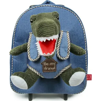Dětský batoh BE MY FRIEND, Dětský denimový batoh na kolečkách s odnímatelnou hračkou DINOSAUR, 13049