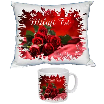 Dekorativní polštářek Svatý Valentýn růže polštář a hrnek IV (dárkový set polštářek a hrneček )