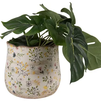 Obal na květináč Béžový keramický obal na květináč se žlutými kvítky Ylla M - Ø 18*16 cm