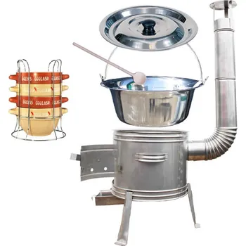 Kempingové nádobí Nerezový kotlík 22 L (0,8 mm) INOX + nerezová kotlina 42 cm TOPLUX + nerezová poklice INOX + vařečka + misky na guláš 4 ks