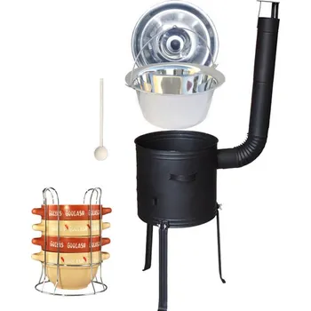 Kempingové nádobí Nerezový kotlík 22 L (0,8 mm) INOX + nízká žáruvzdorná kotlina 42 PLUS 700 + nerezová poklice + vařečka + misky na guláš 4 ks