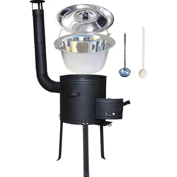 Kempingové nádobí Nerezový kotlík 22 L (0,8 mm) + kovová kotlina s vysokými nožičkami 42 cm + poklice, vařečka a naběračka