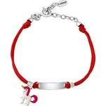 Textilní náramek Frída červený se stříbrnou destičkou a jednorožcem