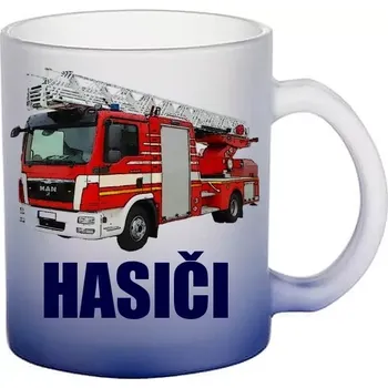 MAN žebřík modrý skleněný hrneček HASIČI (hrneček s hasičským autem matné sklo )