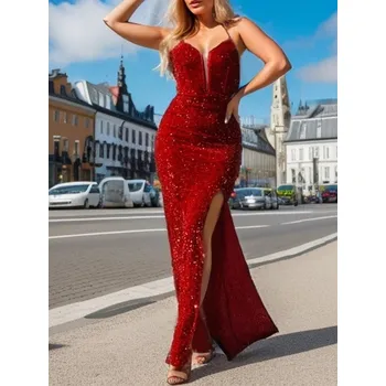 Dámské šaty Dlouhé flitrové šaty se špagetovými ramínky Barva: Červená, Velikost: S