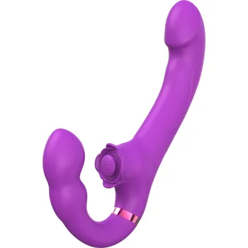 Připínací penis SuperLove Strapless Strap-On with Dual Vibrations, Flapping & Remote Purple