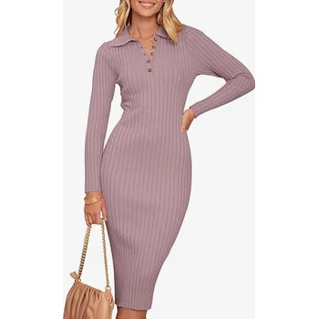 Dámské šaty Dámské svetrové šaty V Neck Ribbed světle fialové L