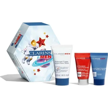 Clarins ClarinsMen Clarins Men Energizing Gel energizující gel pro muže 12 ml + Clarins Men Super Moisture Lotion hydratační mléko pro mladistvý vzhled 12 ml + Clarins Men Active Face Wash čisticí pěnivý gel pro muže 30 ml + kosmetická taštička 1 ks
