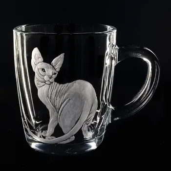 Hrnek skleněný na čaj 300ml s rytinou kočky Sphynx - ručně ryté (broušené), dárková krabička