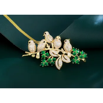 Brož B-TOP Brož zlatí Ptáčci na zelené větvičce