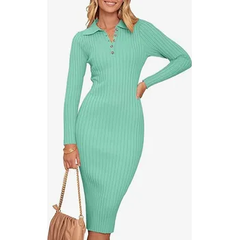 Dámské šaty Dámské svetrové šaty V Neck Ribbed modro zelené M