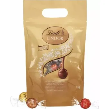 Bonboniéra Pralinky Lindt LINDOR 1 kg bag - zlatá MIX (cca 80 ks pralinek / směs mléčných, hořkých a oříšových bonbonů)