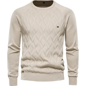 Pánský svetr Pánský svetr s copánky a kulatým výstřihem Barva: Khaki, Velikost: L