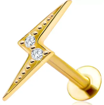 Piercing Piercing do rtu a brady ze 14K žlutého zlata - motiv blesku, čiré zirkony, vroubkovaný povrch