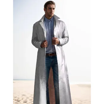 Pánský dlouhý kožený kabát trenč Barva: Stříbrná, Velikost: 3XL
