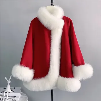 Dámský kabát Vlněný luxusní kabátek, pravá liščí kožešina Velikost: L, Barva (Varianta): barva 5