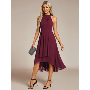 Dámské šaty Asymetrické šifonové šaty s ohlávkovým výstřihem Barva: Bordová, Velikost: 8XL