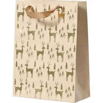 Vánoční dekorace Vánoční dárková taška s jelínci/stromečky, 6,5x12x16 cm - Zlatá