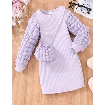 Dívčí oblečení Dívčí podzimní šaty s dlouhým rukávem a malou kabelkou -černé/fialové/bílé Barva: fialová (QZ23087A-PL), Velikost: 5 let