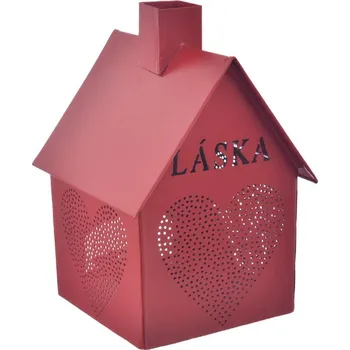 Svícen InDecor Kovový svícen Domeček - Láska červená, 12 x 12 x 17 cm