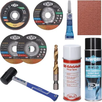 Zábradlí sada pro montáž nerezového zábradlí - řezné a brusné kotouče, brusné rouno, univerzální vteřinové lepidlo, ošetřovací přípravek ve spreji, vrták na nerez, kladivo