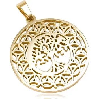 Přívěsek Šperky Eshop Kruhový přívěsek z oceli 316L zlaté barvy, strom života, ornamenty