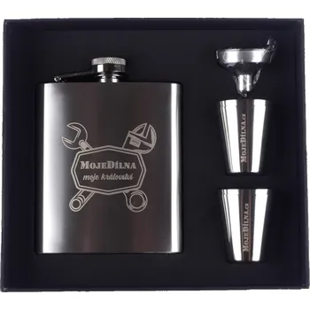 Sklenice Sada placatky a 4 panáků, s nálevkou "MojeDílna moje království"