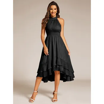 Dámské oblečení Elegantní šifonové šaty asymetrické s vázáním Barva: Černá, Velikost: S