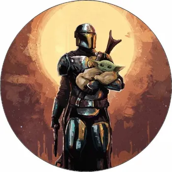 Jedlá dekorace na dort Jedlý papír Mandalorian rytíř a Baby Yoda 19,5 cm