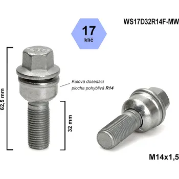 Auto-moto Kolový šroub M14x1,5x32 koule R14 pohyblivá, klíč 17, WS17D32R14F-MW, výška 62,5 mm