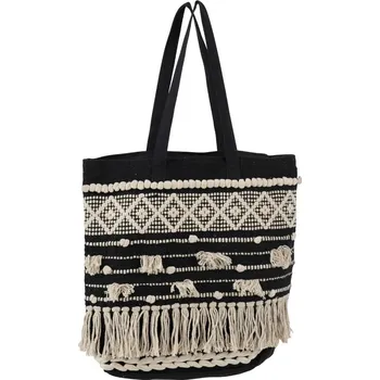 Kabelka Černo-krémová kabelka Monochrome Boho s třásněmi - 40*45cm