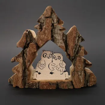 AMADEA Dřevěná dekorace stromy s kůrou a sovami, masivní dřevo, 10x13x3 cm