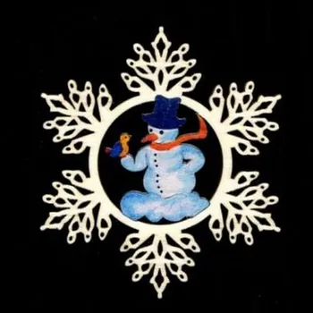 Vánoční dekorace AMADEA Dřevěná ozdoba vločka barevná se sněhulákem 9 cm