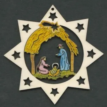 Vánoční dekorace AMADEA Dřevěná ozdoba hvězda barevná s betlémem 6 cm