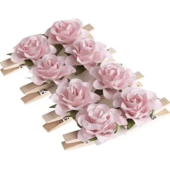 Party dekorace Kolíčky dřevěné s papírovou růžičkou - 8 ks - růžové