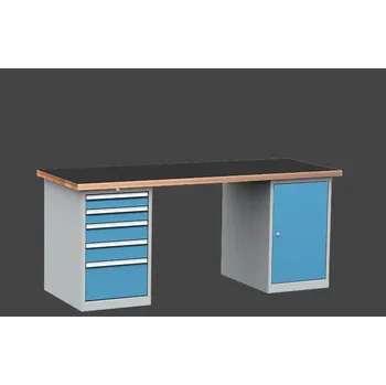 Průmyslová sponka dílenský stůl DPS 2323 s hladkou pogumovanou pracovní deskou, kontejner a skříňka + doprava zdarma