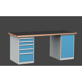 Průmyslová sponka dílenský stůl DPS 2423 s vroubkovanou pogumovanou pracovní deskou, kontejner a skříňka + doprava zdarma
