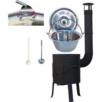 Kempingové nádobí Nerezový kotlík 10 L (0,8 mm) s nýty + nízká žáruvzdorná kotlina 33 PLUS 700 + poklice, vařečka a naběračka