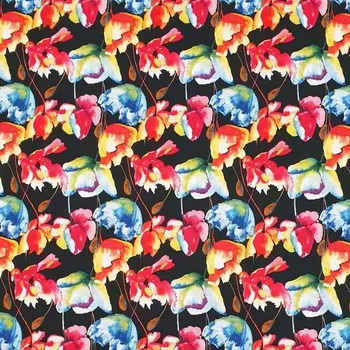 Bavlna černá, žlutočervené a modré květy, š.140